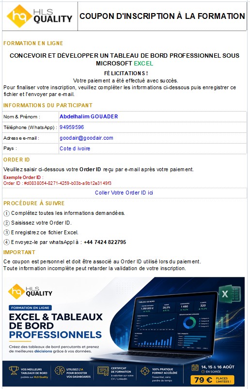 Coupon d'Inscription – Formation Excel (À compléter après paiement)