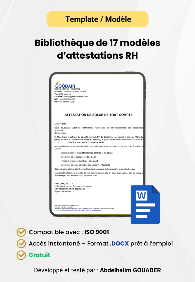 Bibliothèque de 17 modèles d’attestations RH