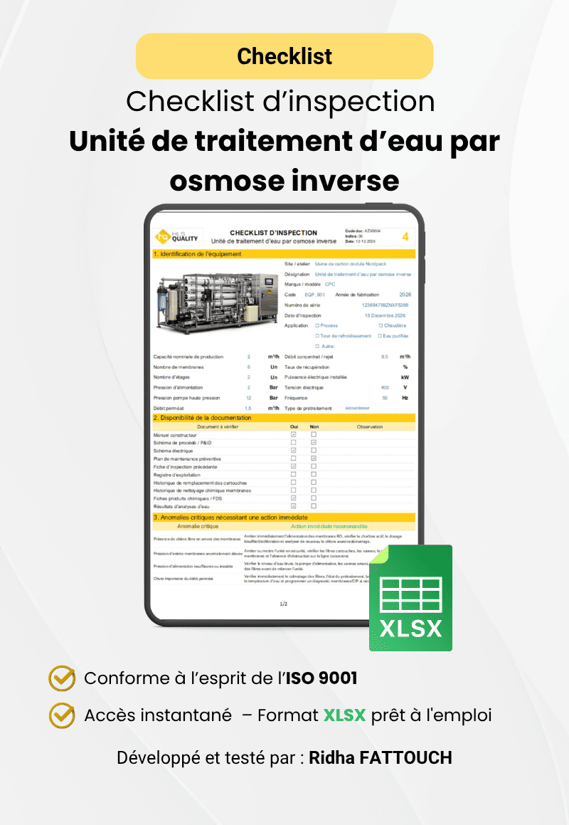 Checklist d’inspection – Unité de traitement d’eau par osmose inverse