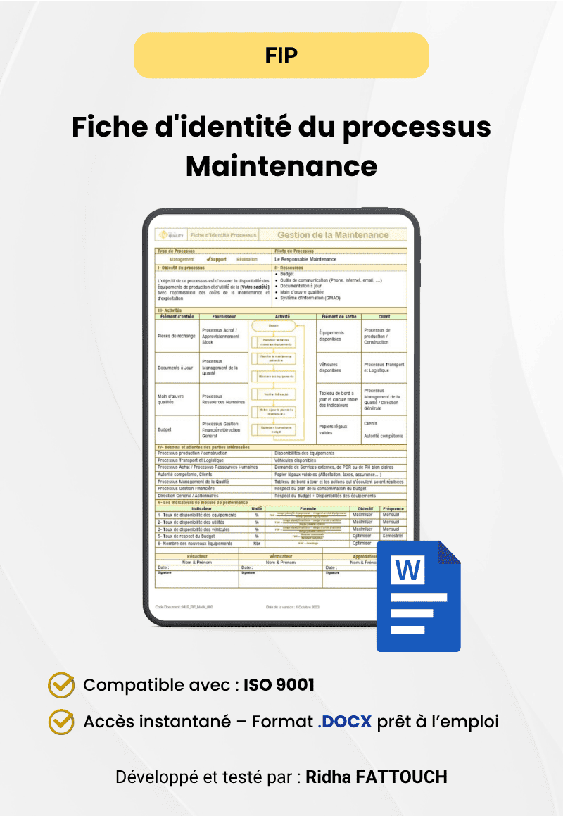 Fiche d’Identité du Processus de Gestion de la Maintenance